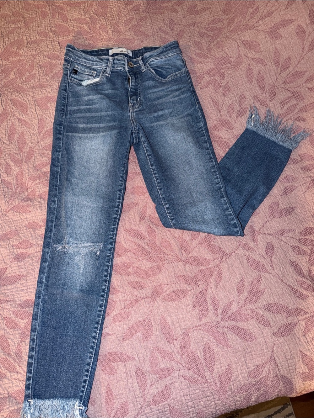 KanCan Medium Blue Distressed Ankle Jeans with Frayed Hem